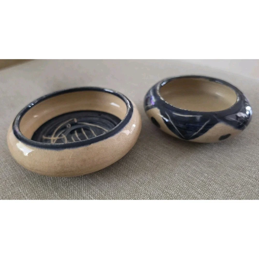 Set VTG Studio Pottery Sgraffito Fish Trinket Dish MCM Ceramic Bowls Blue Brown